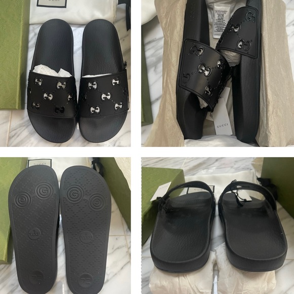 GUCCI BLACK WOMEN’S PURSUIT POOL SIDE SLIDES “GG” CUT OUT LOGO DETAILING - Picture 8 of 16